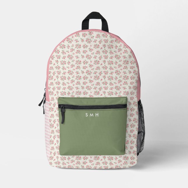 Personalised Pink Floral and Gingham Backpack (Front)