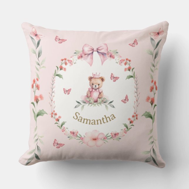 Personalised Pink Floral and Teddy Bear Hugs  Cushion (Front)