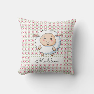 Personalised Pink Floral Baby Sheep Cushion