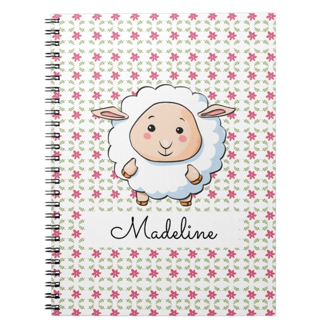 Personalised Pink Floral Baby Sheep Notebook (Front)