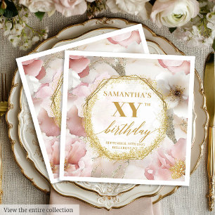 Personalised Pink Floral Birthday Napkins Gold