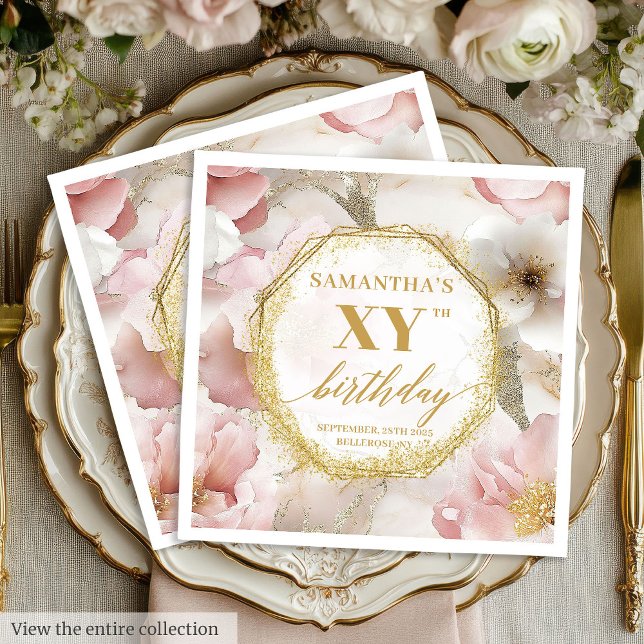 Personalised Pink Floral Birthday Napkins Gold (Personalized Pink Floral Birthday Napkins Gold)