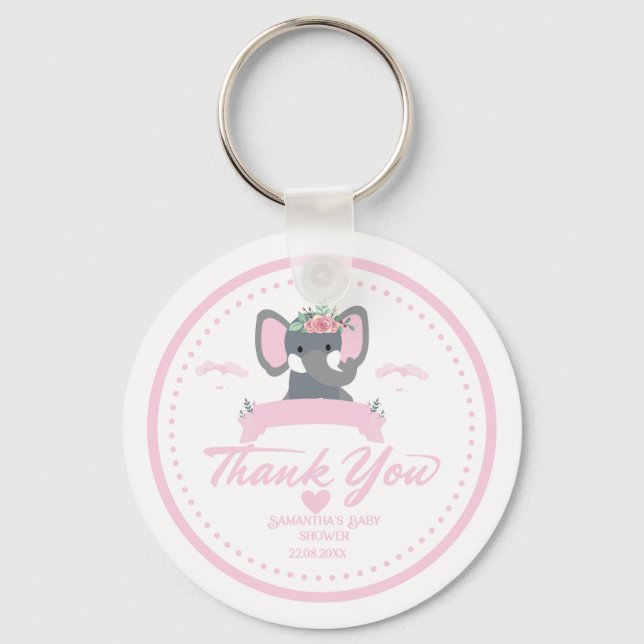 Personalised Pink floral cute Elephant Baby Shower Key Ring (Front)