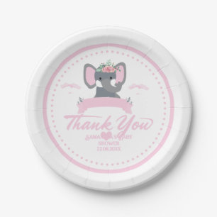 Personalised Pink floral cute Elephant Baby Shower Paper Plate
