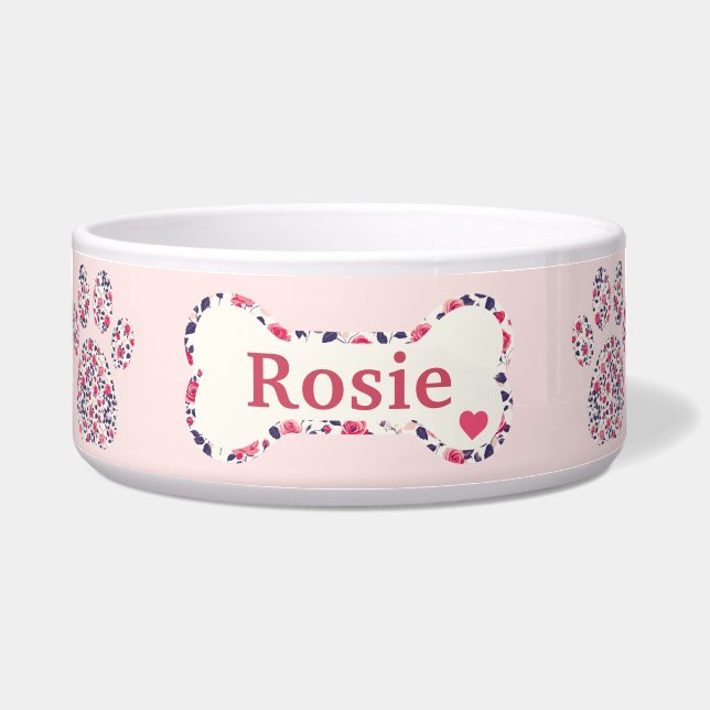 Personalised Pink Floral Dog Bowl with Name (Front)