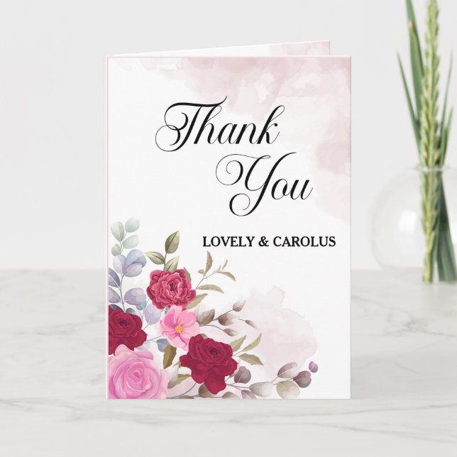 Personalised Pink Floral Flower Wedding  Thank You Card (Front)