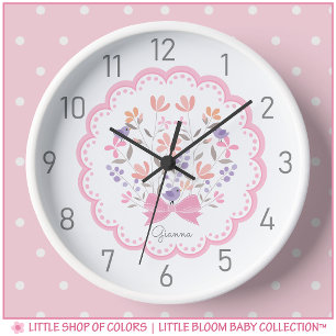 Personalised Pink Floral Girls Nursery Wall Clock