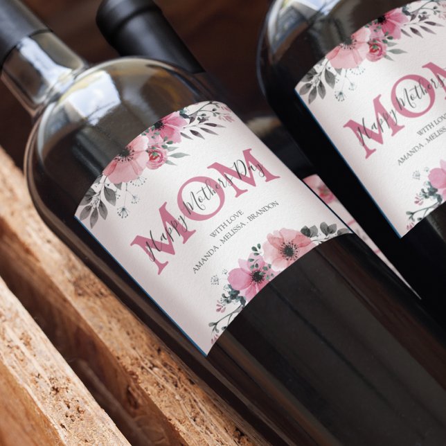 Personalised Pink Floral Happy Mothers Day Wine Label (Creator Uploaded)