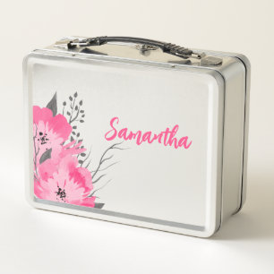 Personalised Pink Floral Metal Lunch Box