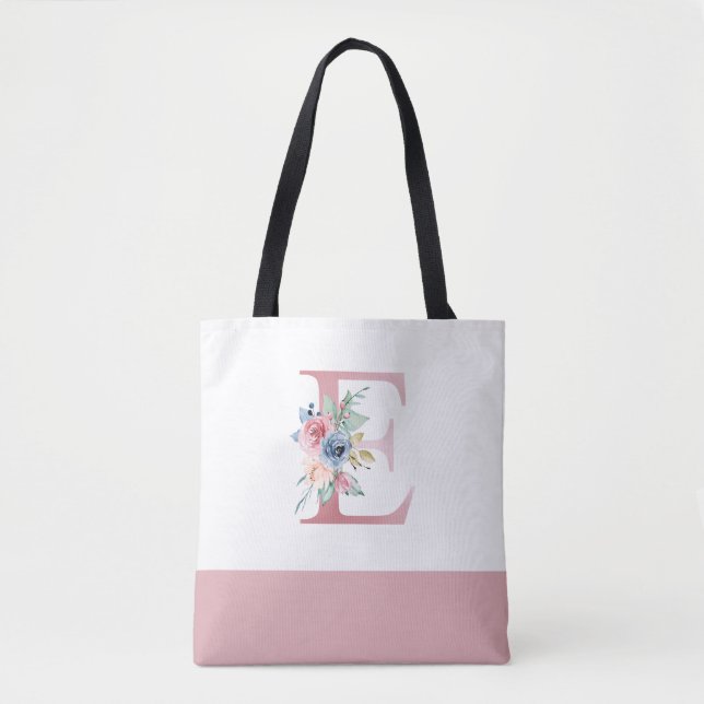Personalised Pink Floral Monogram Letter E Tote Bag (Front)