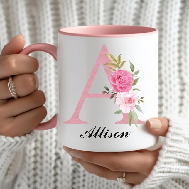 Personalised Pink Floral Monogram Mug Gift for Her (Custom Pink Floral Monogram Mug Gift for Her, Wildflower Initial Name Mug Birthday Gift for Mom)