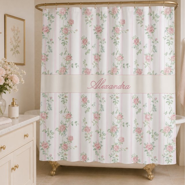 Personalised Pink Floral Monogram Shower Curtain (elegant grandmillennial coquette cottagecore pink floral rose shower curtain with custom monogram)