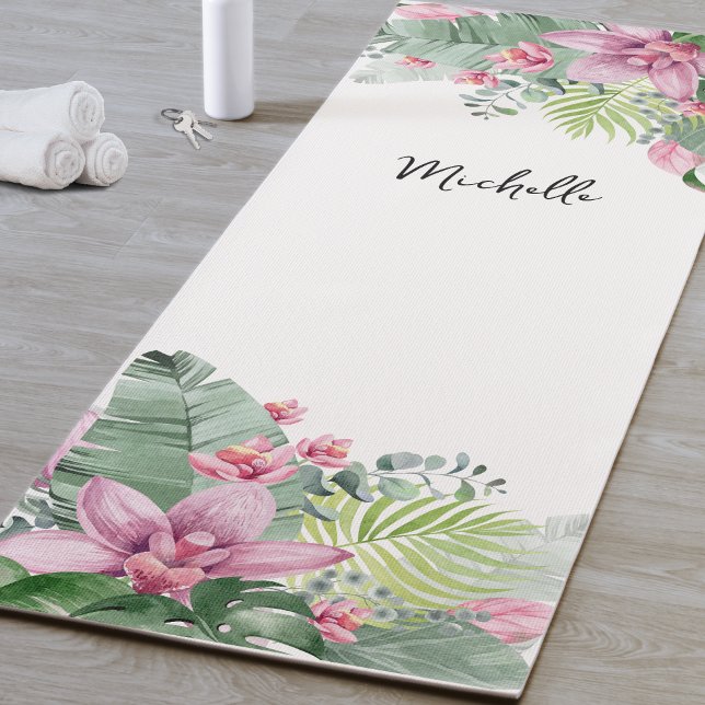 Personalised Pink Floral Name Yoga Mat (Personalized Pink Floral Yoga Mat)