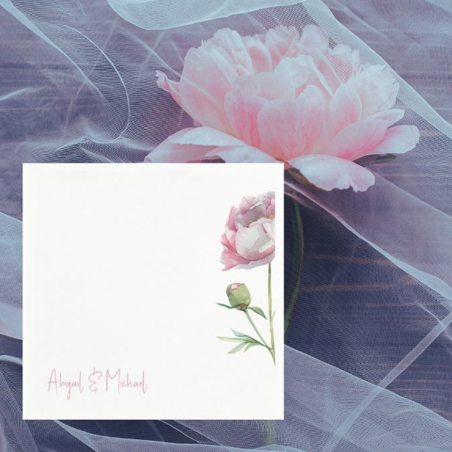 Personalised Pink Floral Peoneis Wedding Cocktail Napkin (Creator Uploaded)