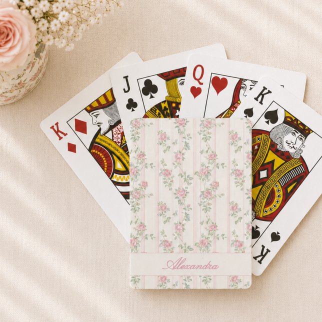 Personalised Pink Floral Playing Cards (elegant girly grandmillennial coquette pink rose floral playing cards with custom name monogram)