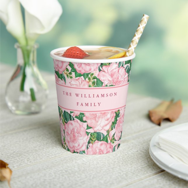 Personalised Pink Floral Summer Party Paper Cups (Insitu)