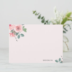 Personalised Pink Floral Watercolor Flat Note Card