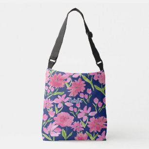  Personalised Pink Floral Watercolor on Navy  Crossbody Bag