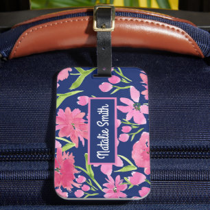  Personalised Pink Floral Watercolor on Navy  Luggage Tag