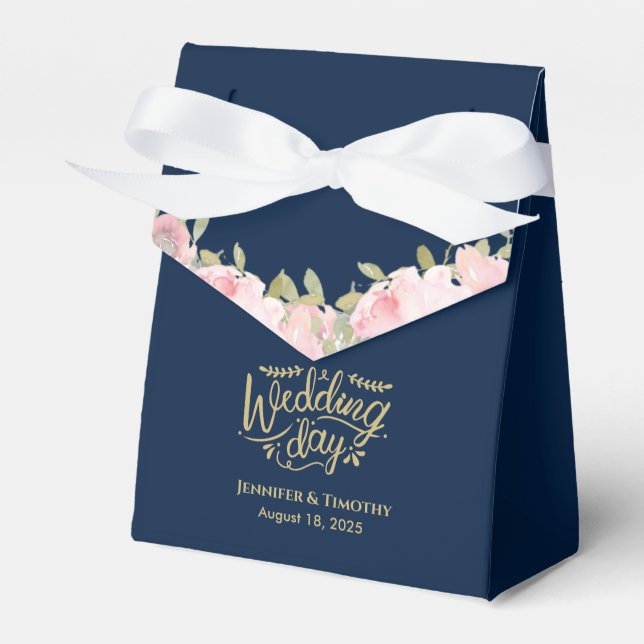 Personalised Pink Floral Wedding Day Navy Blue   Favour Box (Front Side)