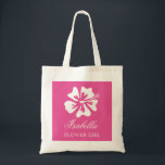 Personalised pink flower girl wedding tote bags<br><div class="desc">Personalised pink flower girl wedding tote bags. Cute totes for flowergirls at wedding or bridal shower. Elegant script typography design with tropical hawaiian Hibiscus floral print. Personalizable for brides entourage; bridesmaids, maid of honour, matron of honour, mother of the bride etc. Classy idea for beach theme destination marriage in summer...</div>
