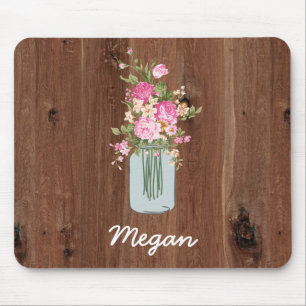 Personalised Pink Flower Mason Jar on Red Wood Mouse Pad