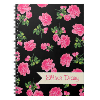 Personalised Pink flowers & stylish black notebook