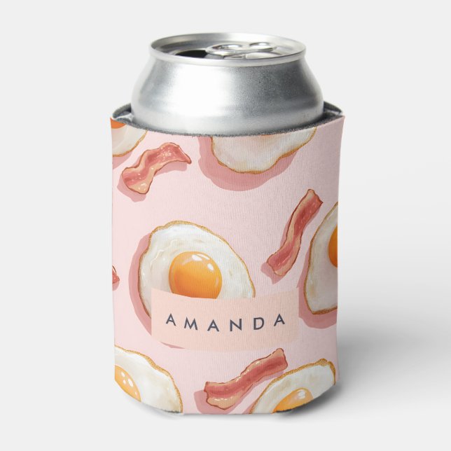 Personalised Pink Fried Eggs and Bacon Pattern Can Cooler (Can Front)