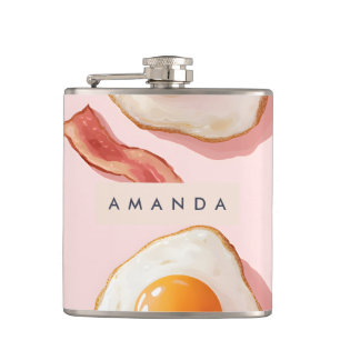 Personalised Pink Fried Eggs and Bacon Pattern Hip Flask