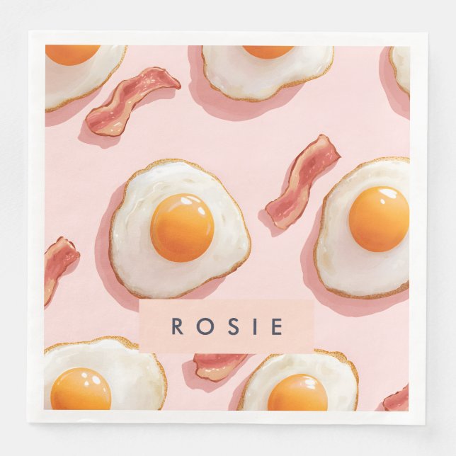 Personalised Pink Fried Eggs and Bacon Pattern Napkin (Front)
