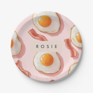 Personalised Pink Fried Eggs and Bacon Pattern Paper Plate