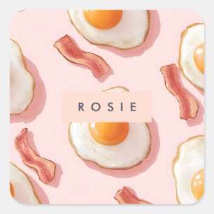 Personalised Pink Fried Eggs and Bacon Pattern Square Sticker