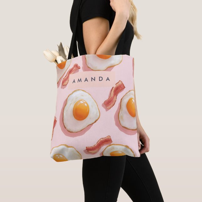 Personalised Pink Fried Eggs and Bacon Pattern Tote Bag (Close Up)