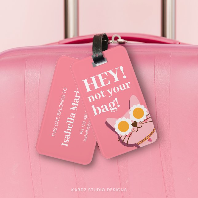  Personalised Pink Funny Cat Luggage Tag (Personalize this template with name and contact information. Stand out with this funny luggage tag.)