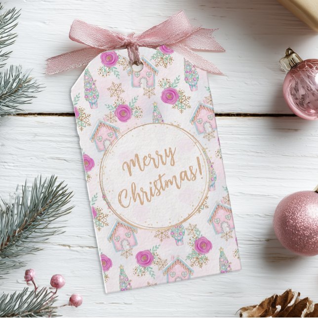 Personalised Pink Gingerbread Christmas Gift Tags (Pretty pastel pink gift tag)