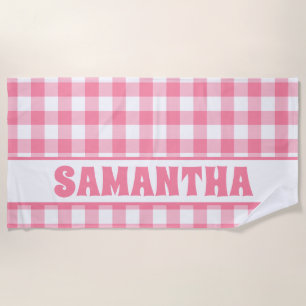 Personalised Pink Gingham Plaid Kids Name Beach Towel
