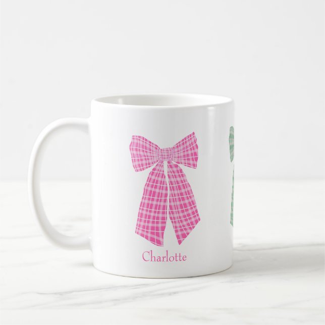 Personalised Pink Gingham Romantic Coquette Bow Coffee Mug (Left)