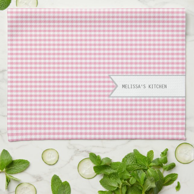 Personalised Pink Gingham Tea Towel (Folded)