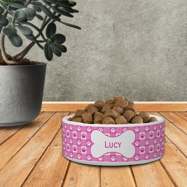 Personalised Pink Gingham with Paw Prints and Bone Bowl (Creator Uploaded)