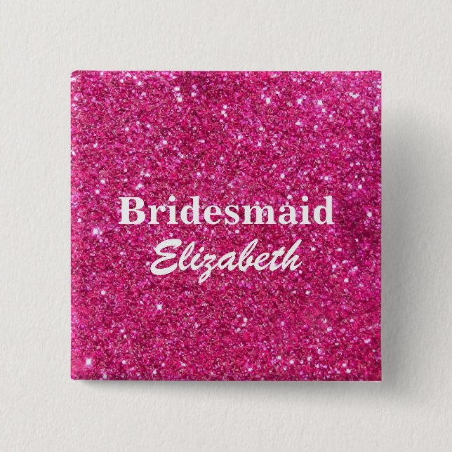 Personalised Pink Glitter Bridesmaids Wedding 15 Cm Square Badge (Front)