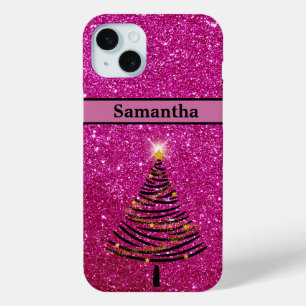 Personalised Pink Glitter Christmas Tree iPhone 15 Mini Case