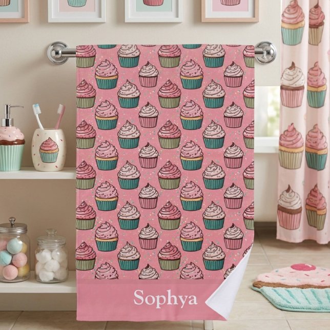 Personalised Pink Glitter Cupcake Bath Towel (Creator Uploaded)