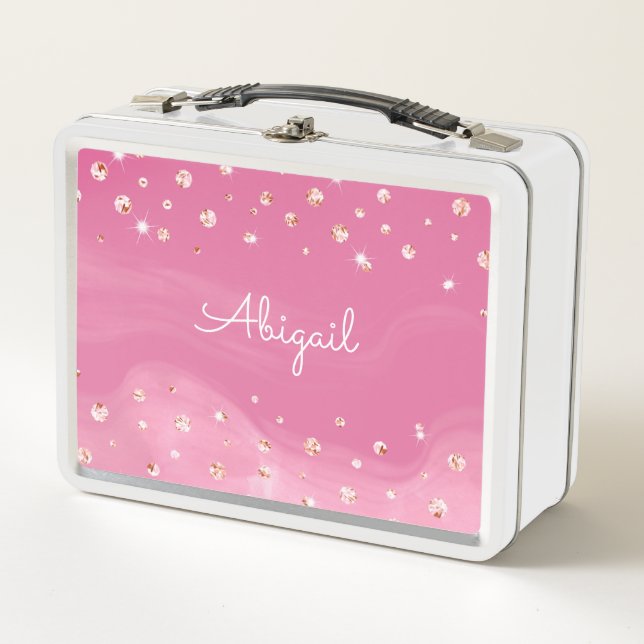 Personalised Pink Glitter Girly Metal Lunch Box (Front)