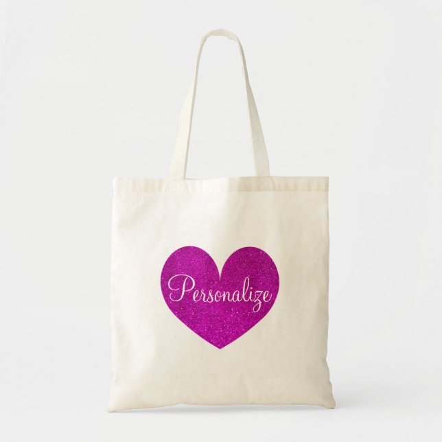 Personalised pink glitter love heart tote bag (Front)