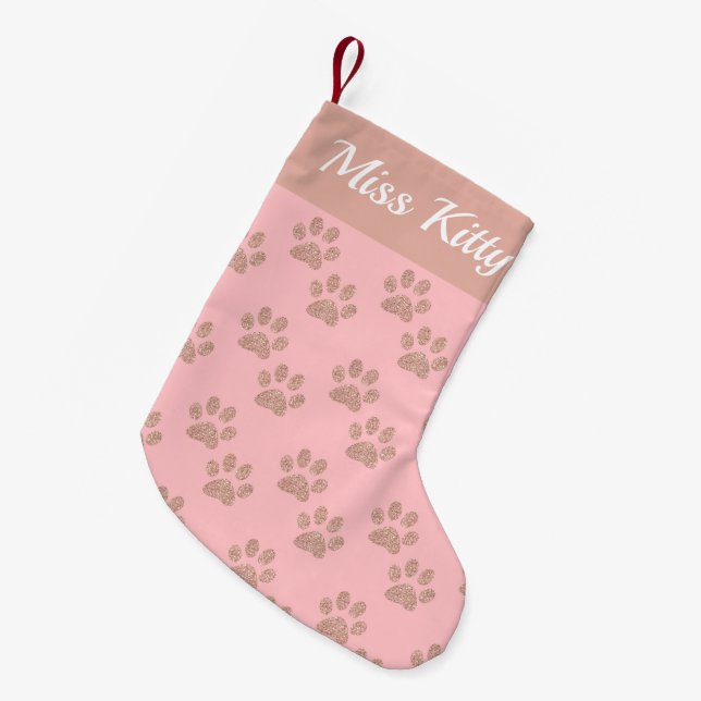 Personalised Pink Glitter Paw Print Pattern Pets Small Christmas Stocking (Front (Hanging))