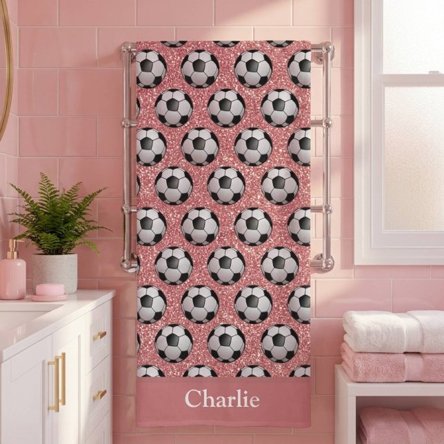 Personalised Pink Glitter Soccer Ball Bath Towel (Creator Uploaded)