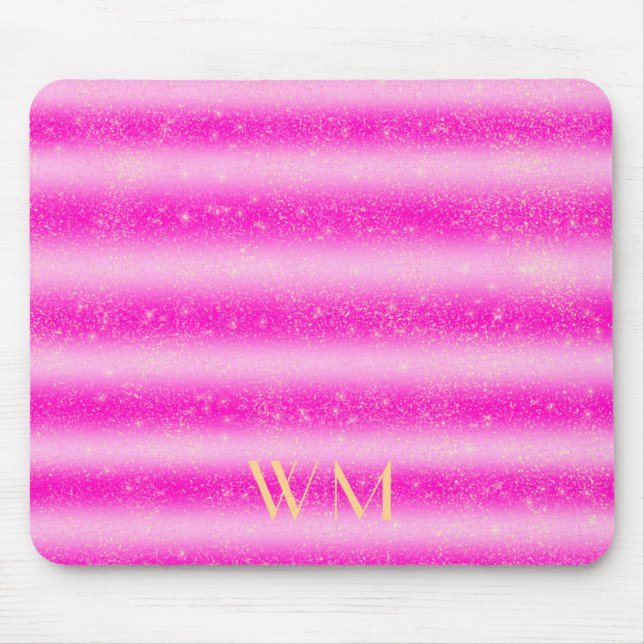 Personalised pink glitter stripes gold monogram  m mouse pad (Front)