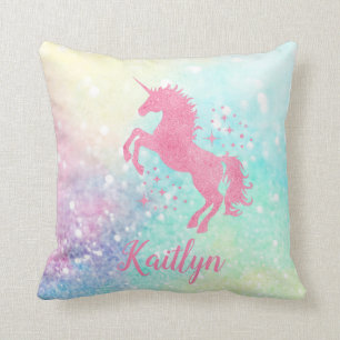 Personalised Pink Glitter Unicorn and Rainbow Cushion