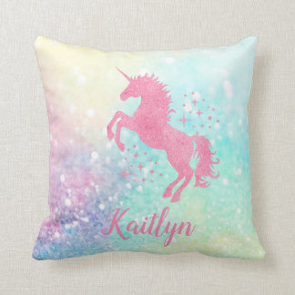 Personalised Pink Glitter Unicorn and Rainbow  Cushion