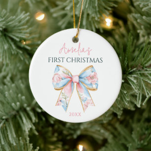Personalised Pink Gold Bow Baby Girl 1st Christmas Ceramic Tree Decoration